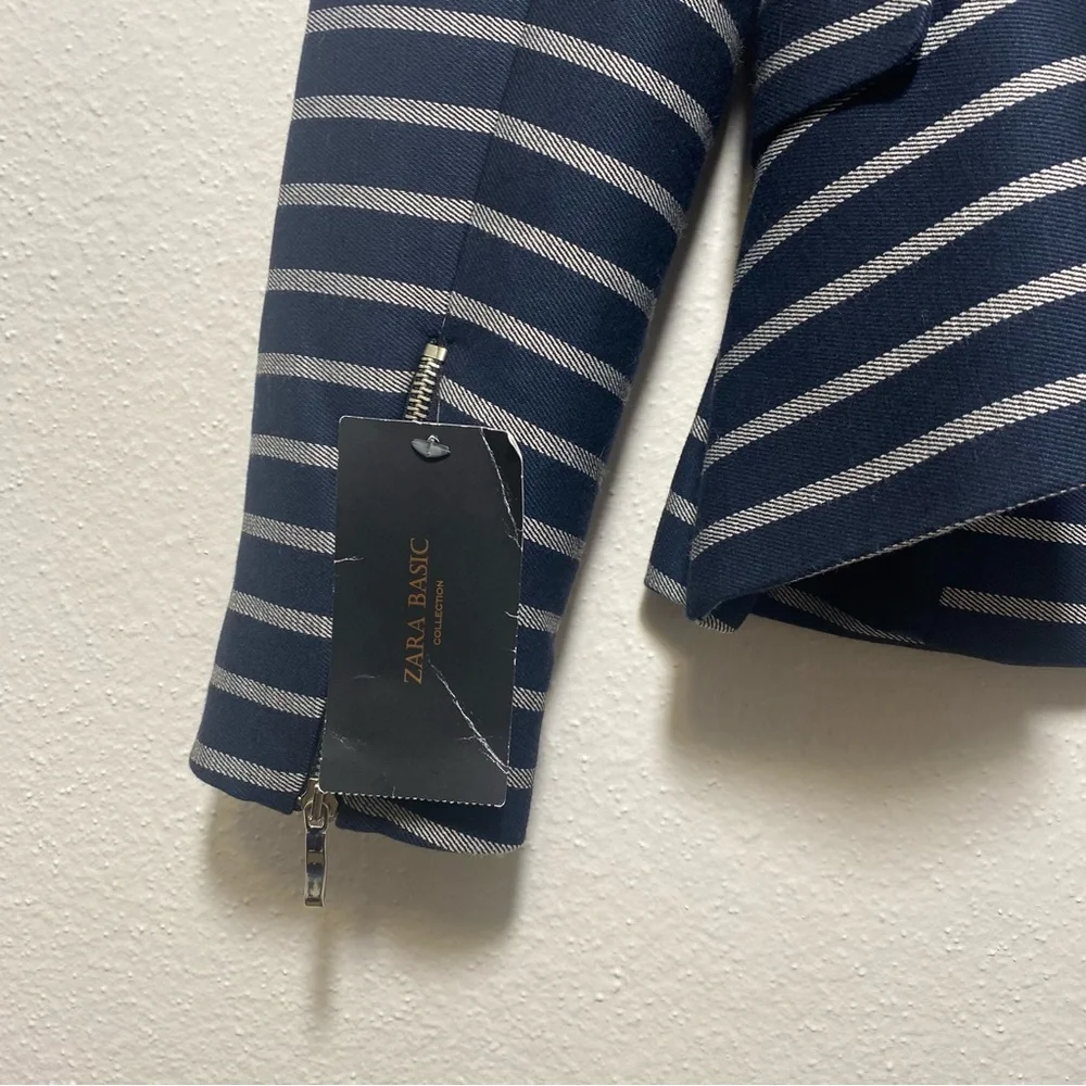 Zara Blue Striped Peplum Pocket Career Blazer Jacket, Large NEW - Picture 11 of 14